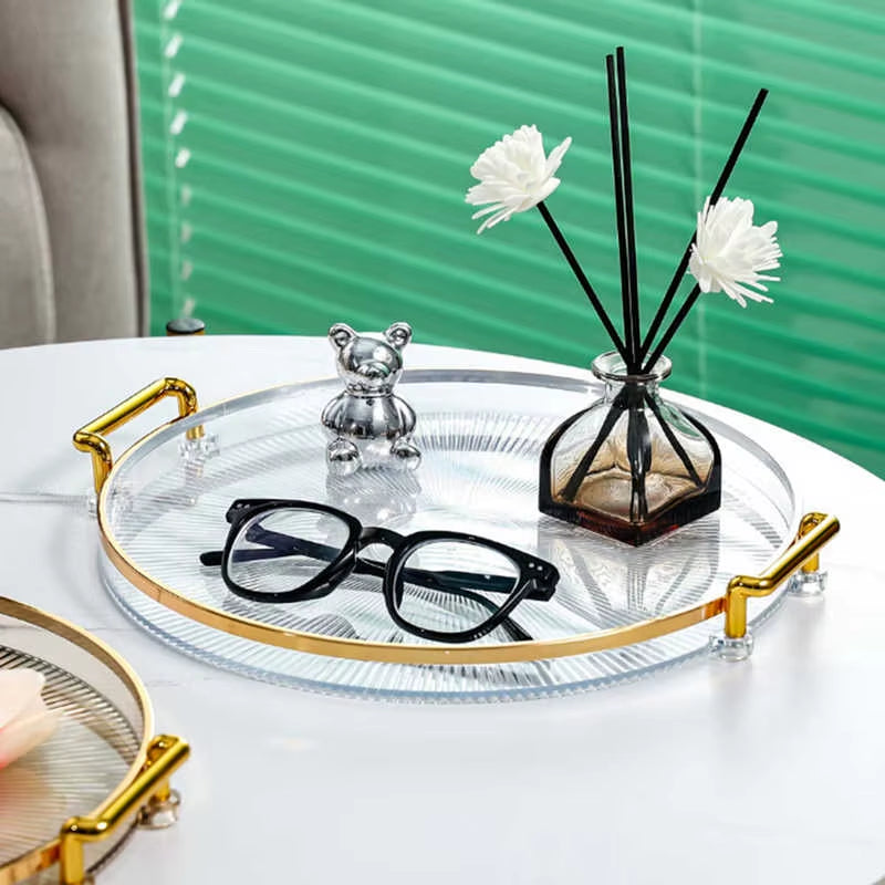 Luxury Storage Tray with Golden Handle Household Tea Dessert Fruit Storage Tray Living Room Kitchen Storage Plate Dinner Plate