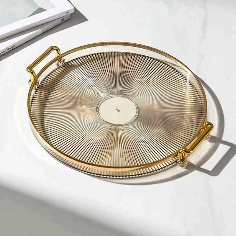 Luxury Storage Tray with Golden Handle Household Tea Dessert Fruit Storage Tray Living Room Kitchen Storage Plate Dinner Plate