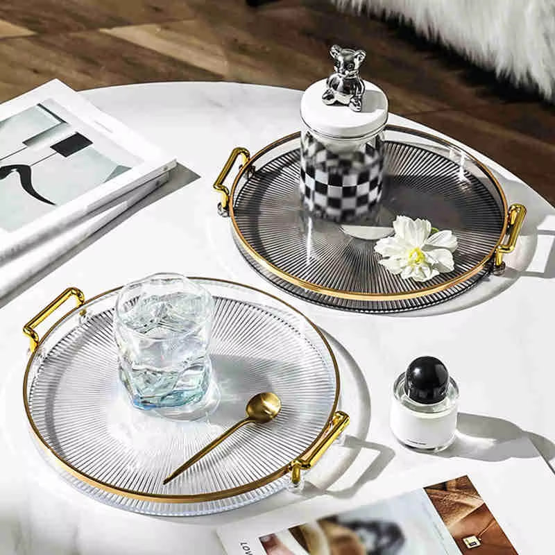 Luxury Storage Tray with Golden Handle Household Tea Dessert Fruit Storage Tray Living Room Kitchen Storage Plate Dinner Plate