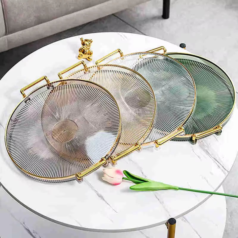 Luxury Storage Tray with Golden Handle Household Tea Dessert Fruit Storage Tray Living Room Kitchen Storage Plate Dinner Plate