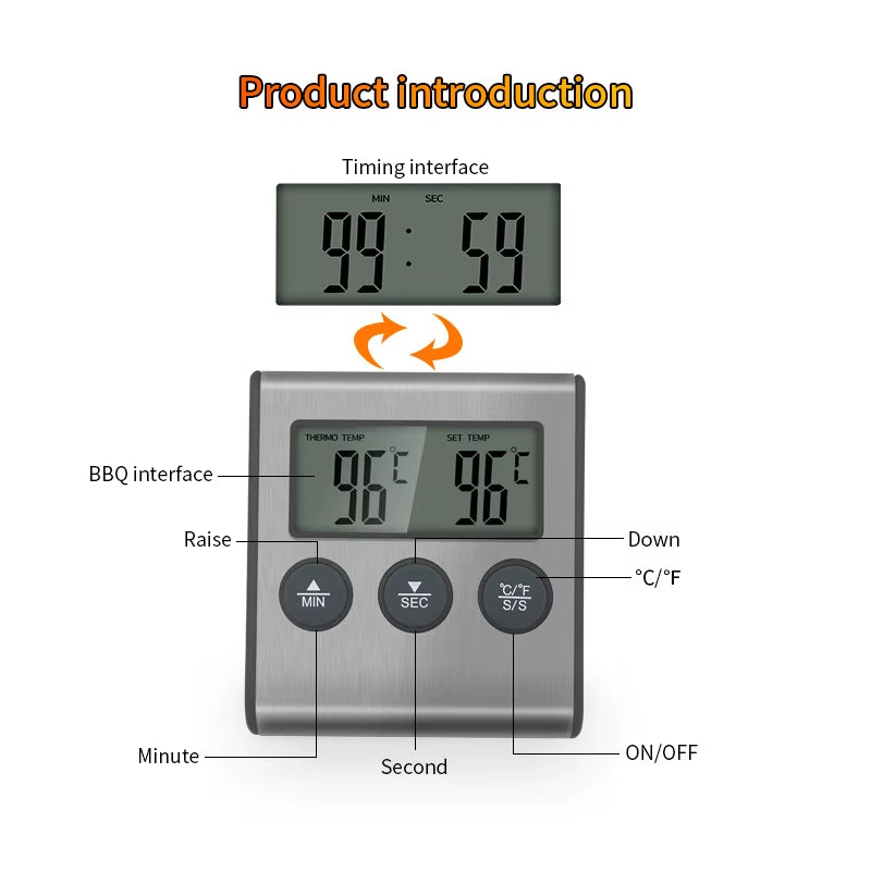 Kitchen Digital Cooking Thermometer Meat Food Temperature for Oven BBQ Grill Timer Function with Probe Heat Meter for Cooking