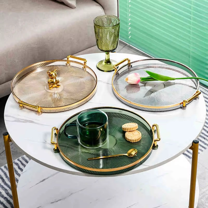 Luxury Storage Tray with Golden Handle Household Tea Dessert Fruit Storage Tray Living Room Kitchen Storage Plate Dinner Plate