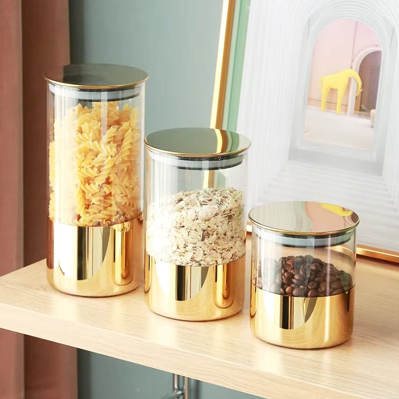 Golden Glass Sealed Can Coffee Bean Storage Container Snack Dried Fruit Storage Tank Metal Cover Home Kitchen Storage Ornaments