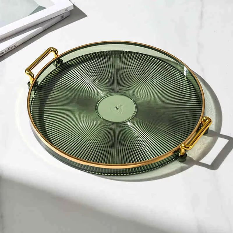Luxury Storage Tray with Golden Handle Household Tea Dessert Fruit Storage Tray Living Room Kitchen Storage Plate Dinner Plate