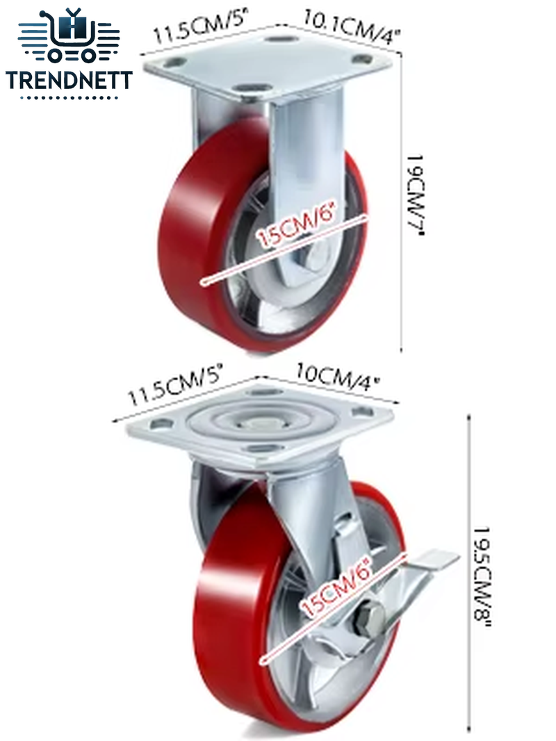 VEVOR 4 Pack 6" X 2" Heavy Duty Iron Core Polyurethane 2 Rigid and 2 Swivel Casters with Side Brake 1000LBS Capacity per Wheel