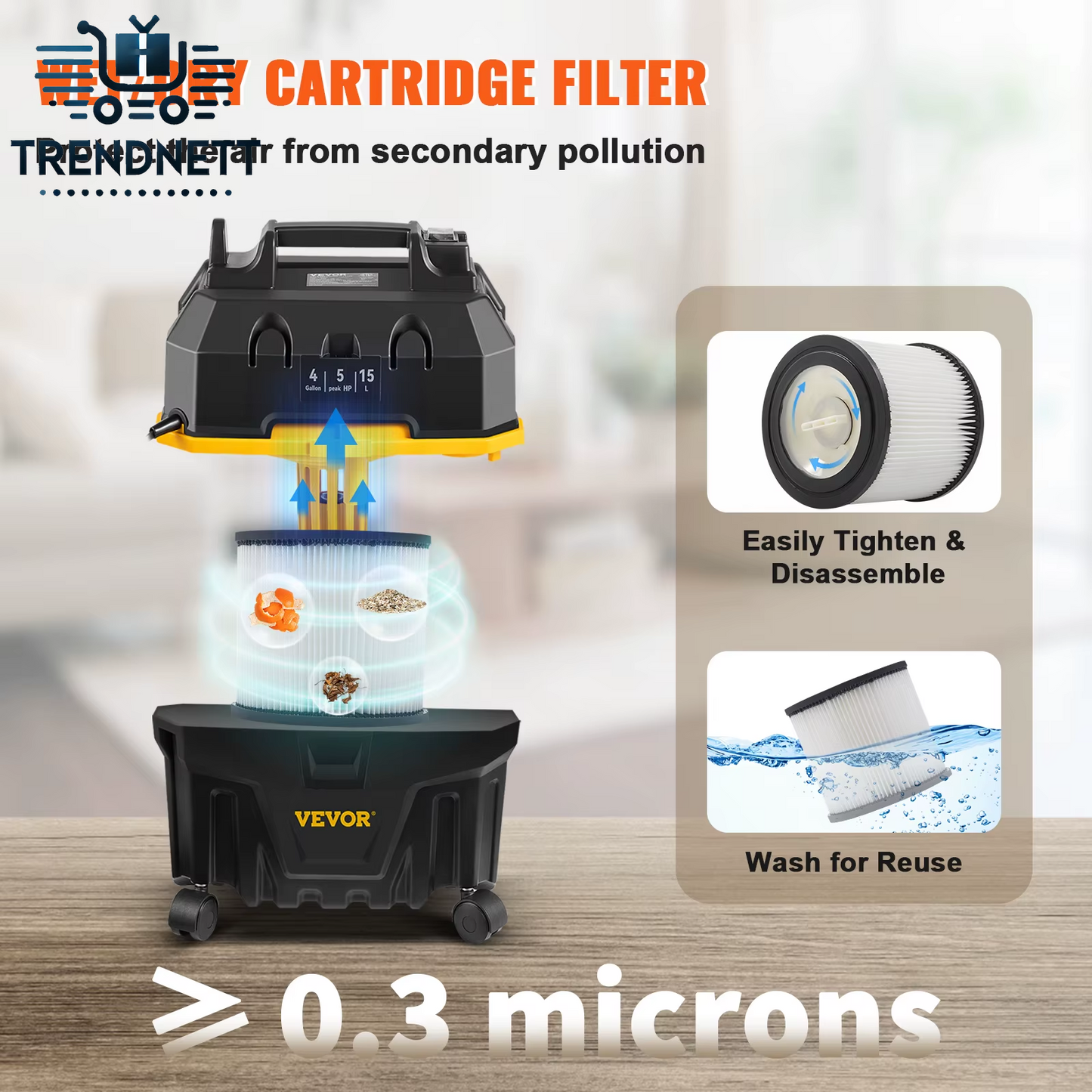 Portable Wet and Dry Vacuum Cleaner 15L for Car & Home Appliance 1200W Power Strong Suction Vacuum Cleaner & Air Blower