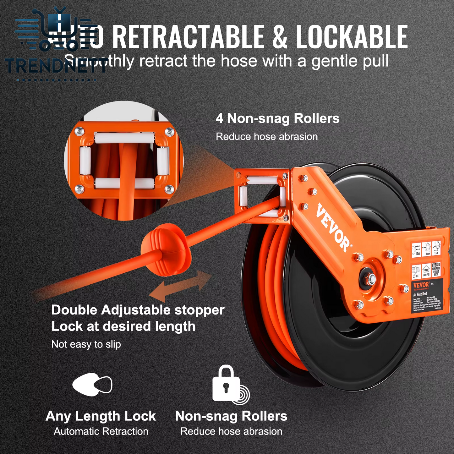 50 FT Retractable Air Hose Reel with Heavy Duty Double Arm Stainless Steel Wall Mount for Hybrid Air Compressors