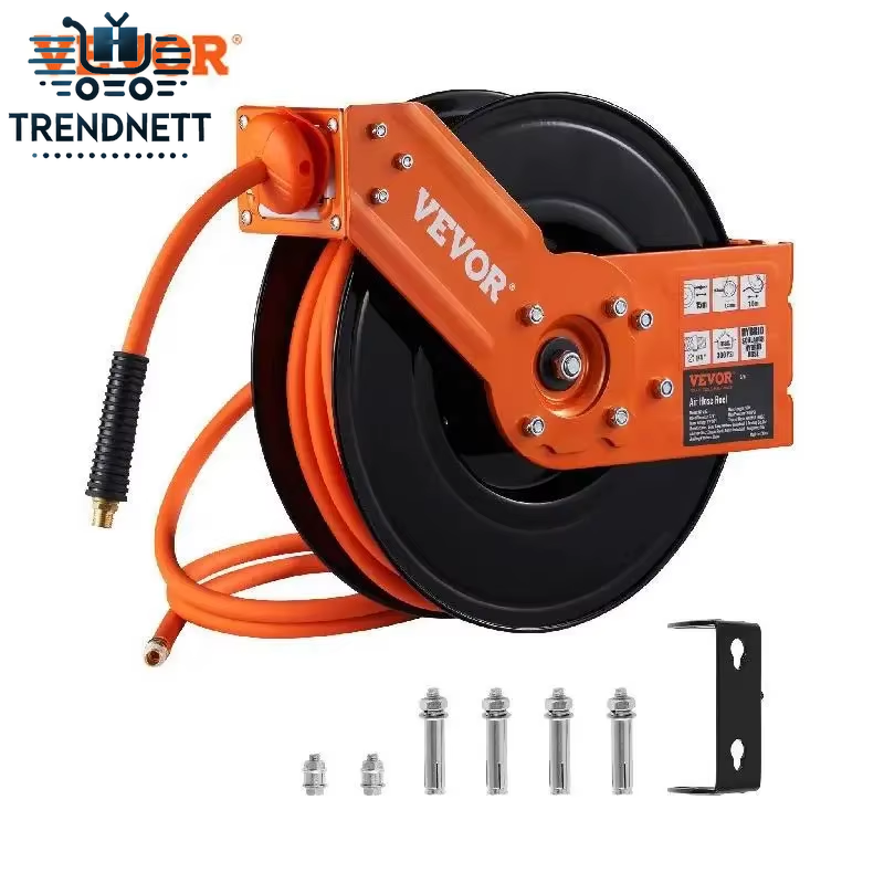 50 FT Retractable Air Hose Reel with Heavy Duty Double Arm Stainless Steel Wall Mount for Hybrid Air Compressors