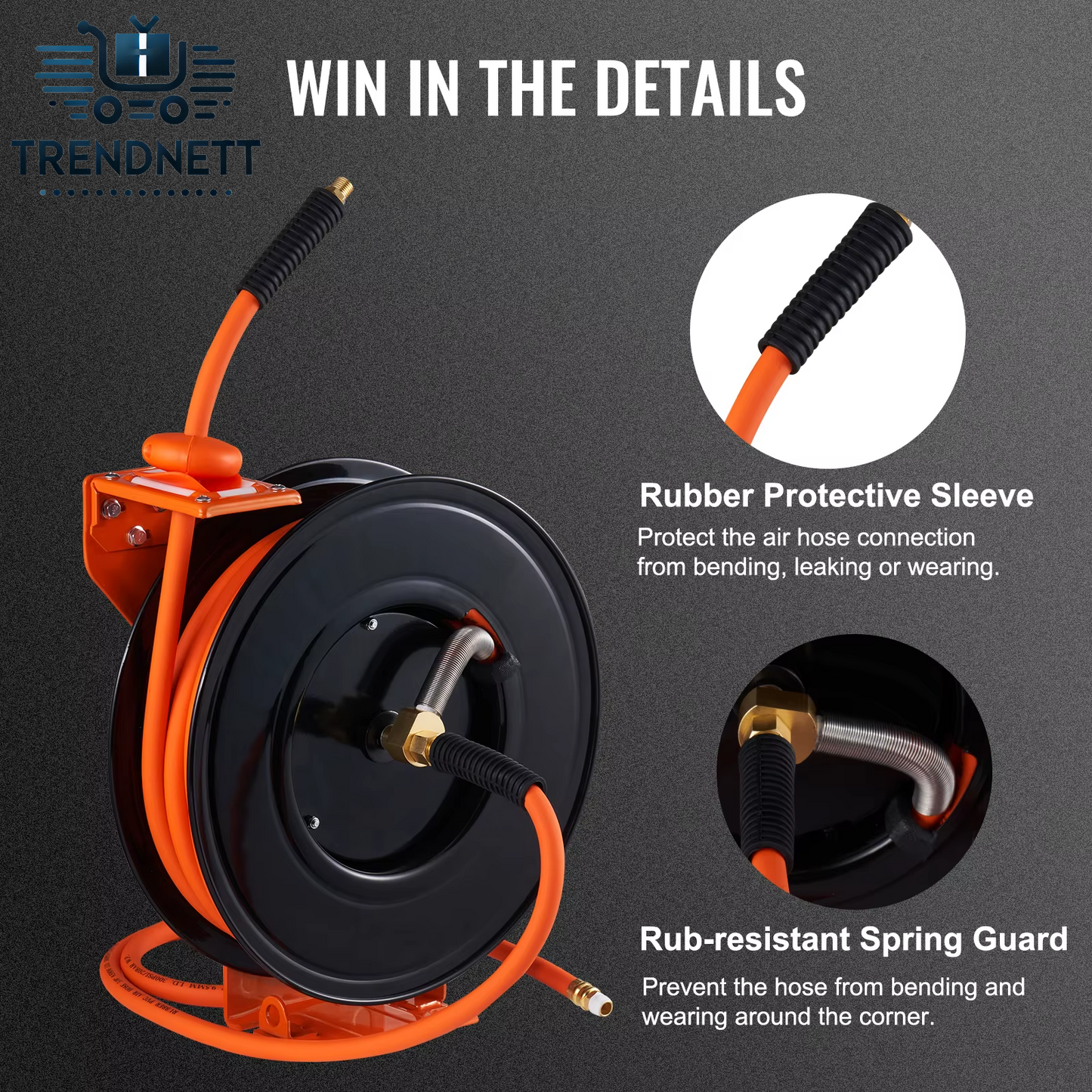 50 FT Retractable Air Hose Reel with Heavy Duty Double Arm Stainless Steel Wall Mount for Hybrid Air Compressors
