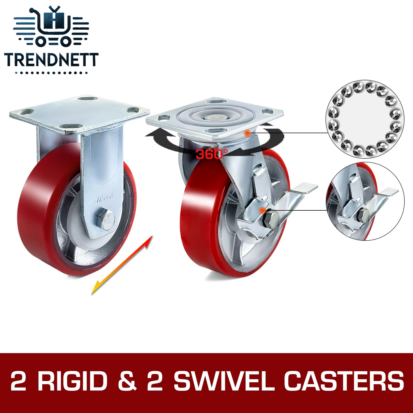 VEVOR 4 Pack 6" X 2" Heavy Duty Iron Core Polyurethane 2 Rigid and 2 Swivel Casters with Side Brake 1000LBS Capacity per Wheel