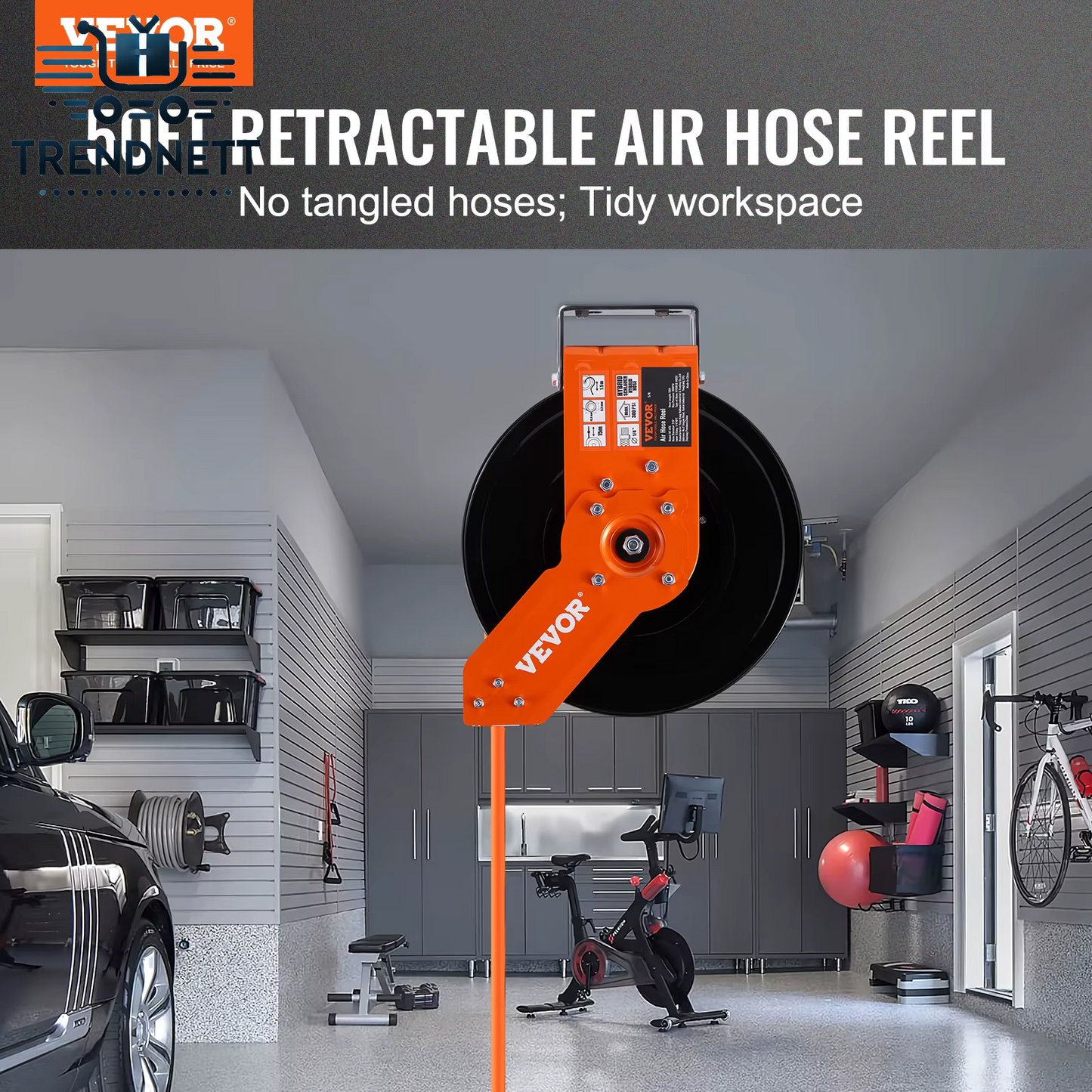 50 FT Retractable Air Hose Reel with Heavy Duty Double Arm Stainless Steel Wall Mount for Hybrid Air Compressors