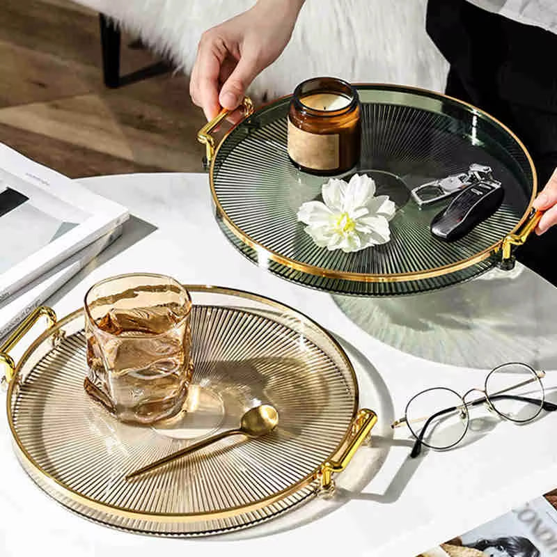 Luxury Storage Tray with Golden Handle Household Tea Dessert Fruit Storage Tray Living Room Kitchen Storage Plate Dinner Plate
