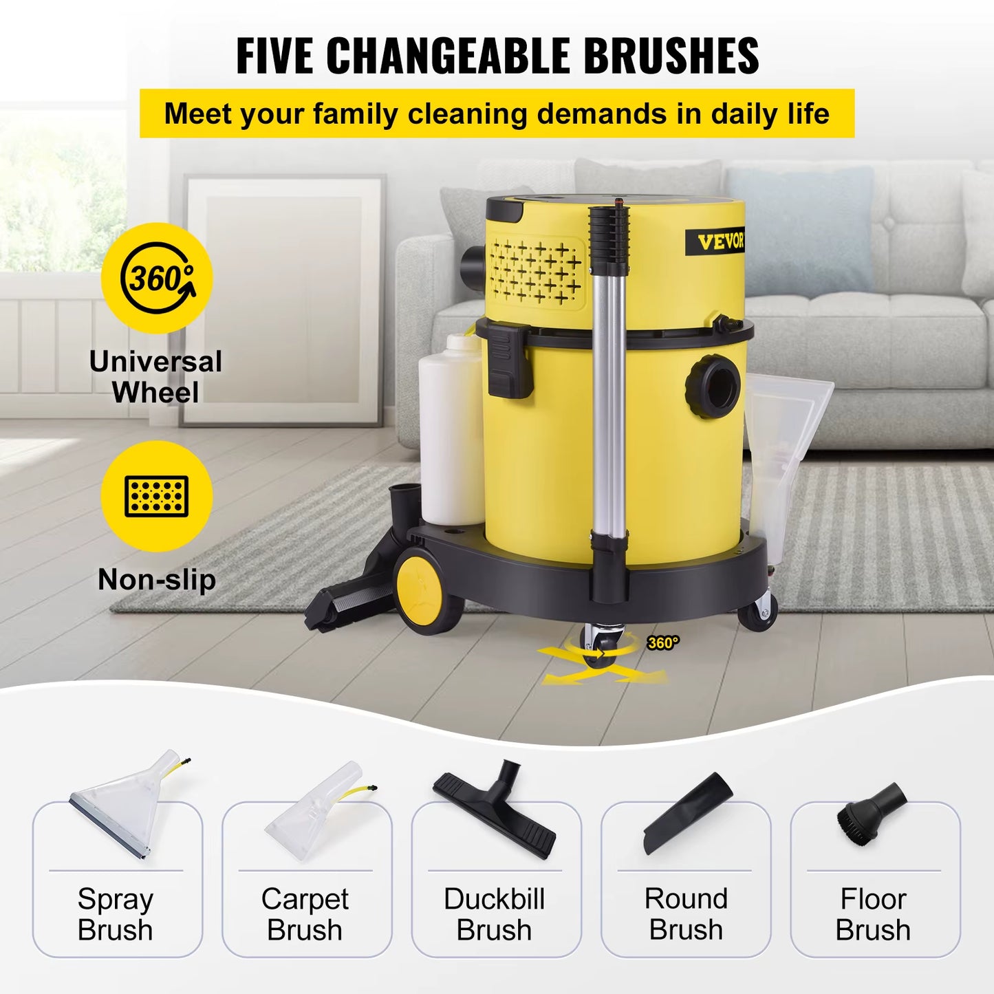 Wet Dry Vacuum Cleaner 5.3 Gallon 2 Peak HP 4-In-1 Portable Shop Vacuum with Blow and Spray Function for Household Car