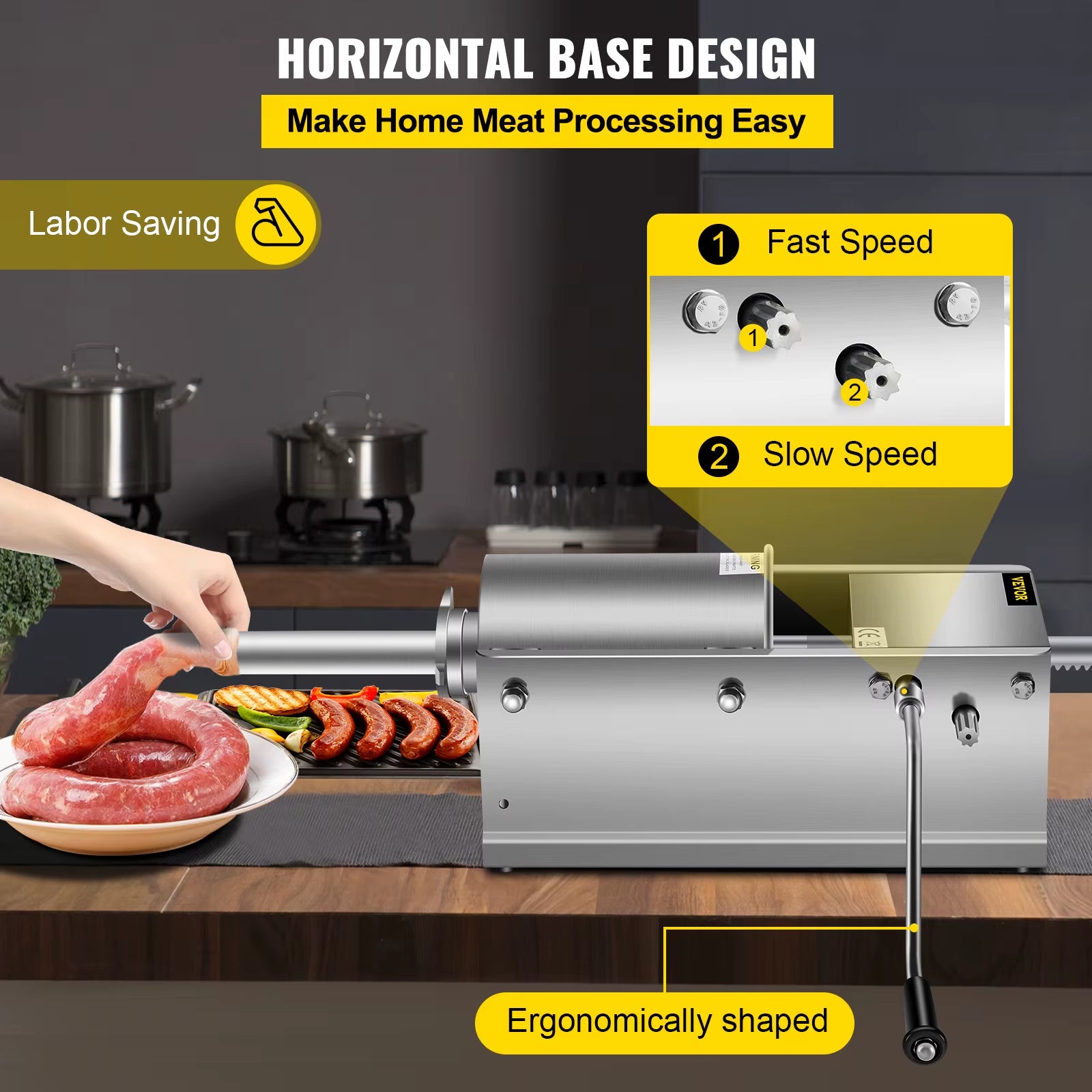 3L/ 7Lbs Horizontal Sausage Stuffer Manual Sausage Maker Stainless Steel with 5 Filling Nozzles for Home & Commercial Use