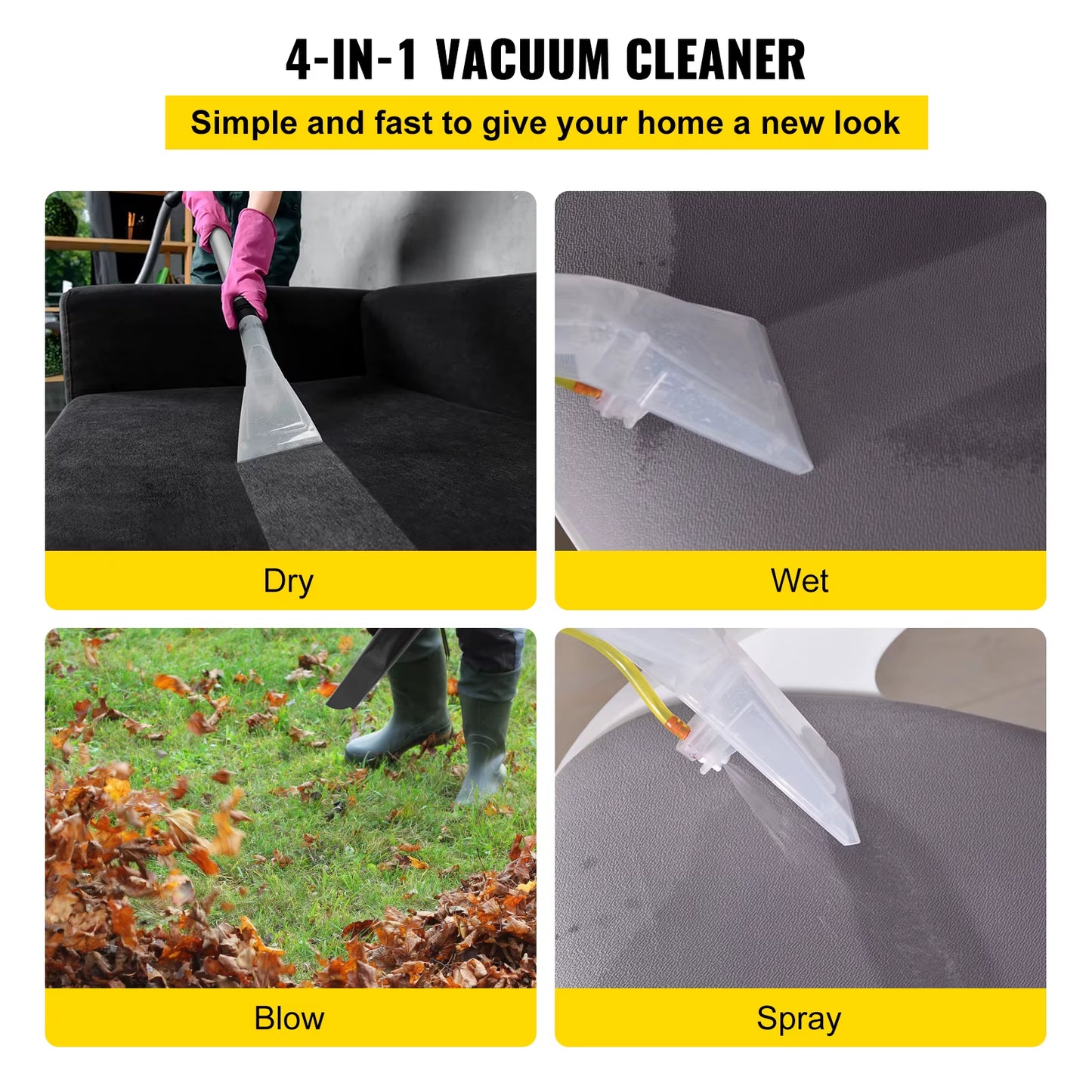 Wet Dry Vacuum Cleaner 5.3 Gallon 2 Peak HP 4-In-1 Portable Shop Vacuum with Blow and Spray Function for Household Car