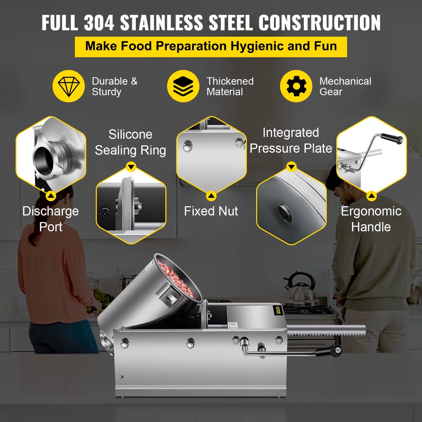 3L/ 7Lbs Horizontal Sausage Stuffer Manual Sausage Maker Stainless Steel with 5 Filling Nozzles for Home & Commercial Use
