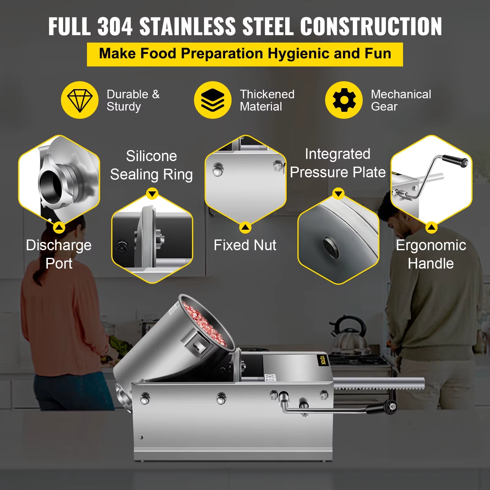 3L/ 7Lbs Horizontal Sausage Stuffer Manual Sausage Maker Stainless Steel with 5 Filling Nozzles for Home & Commercial Use