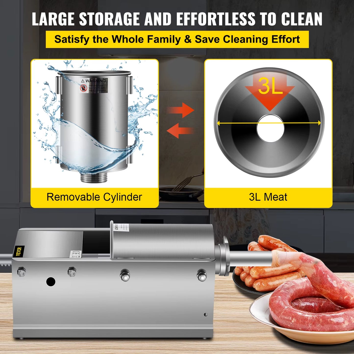 3L/ 7Lbs Horizontal Sausage Stuffer Manual Sausage Maker Stainless Steel with 5 Filling Nozzles for Home & Commercial Use