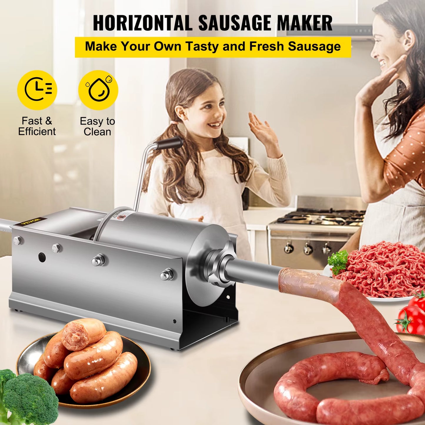 3L/ 7Lbs Horizontal Sausage Stuffer Manual Sausage Maker Stainless Steel with 5 Filling Nozzles for Home & Commercial Use