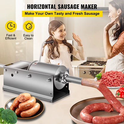 3L/ 7Lbs Horizontal Sausage Stuffer Manual Sausage Maker Stainless Steel with 5 Filling Nozzles for Home & Commercial Use
