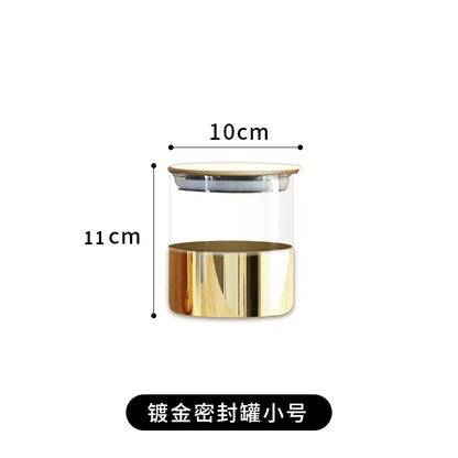 Golden Glass Sealed Can Coffee Bean Storage Container Snack Dried Fruit Storage Tank Metal Cover Home Kitchen Storage Ornaments