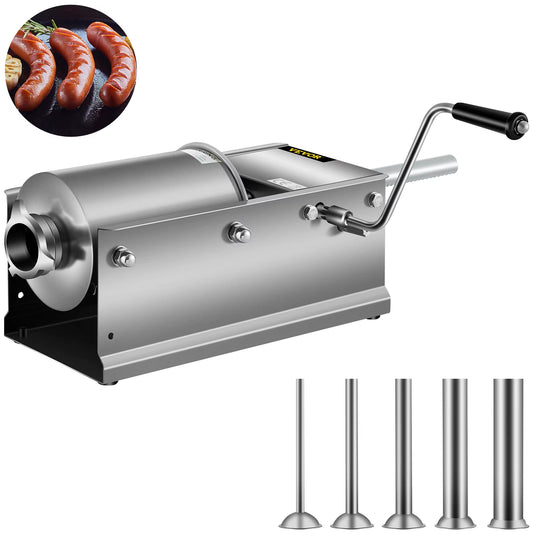 3L/ 7Lbs Horizontal Sausage Stuffer Manual Sausage Maker Stainless Steel with 5 Filling Nozzles for Home & Commercial Use