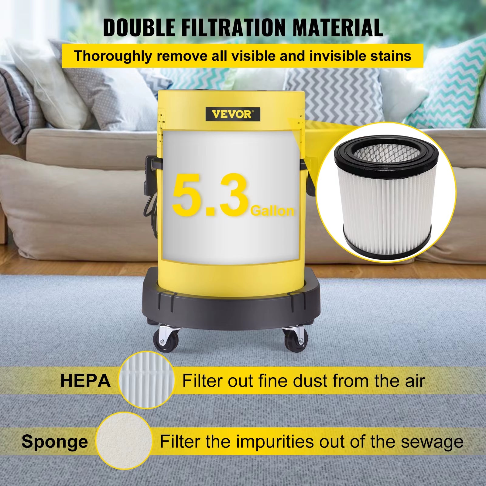 Wet Dry Vacuum Cleaner 5.3 Gallon 2 Peak HP 4-In-1 Portable Shop Vacuum with Blow and Spray Function for Household Car