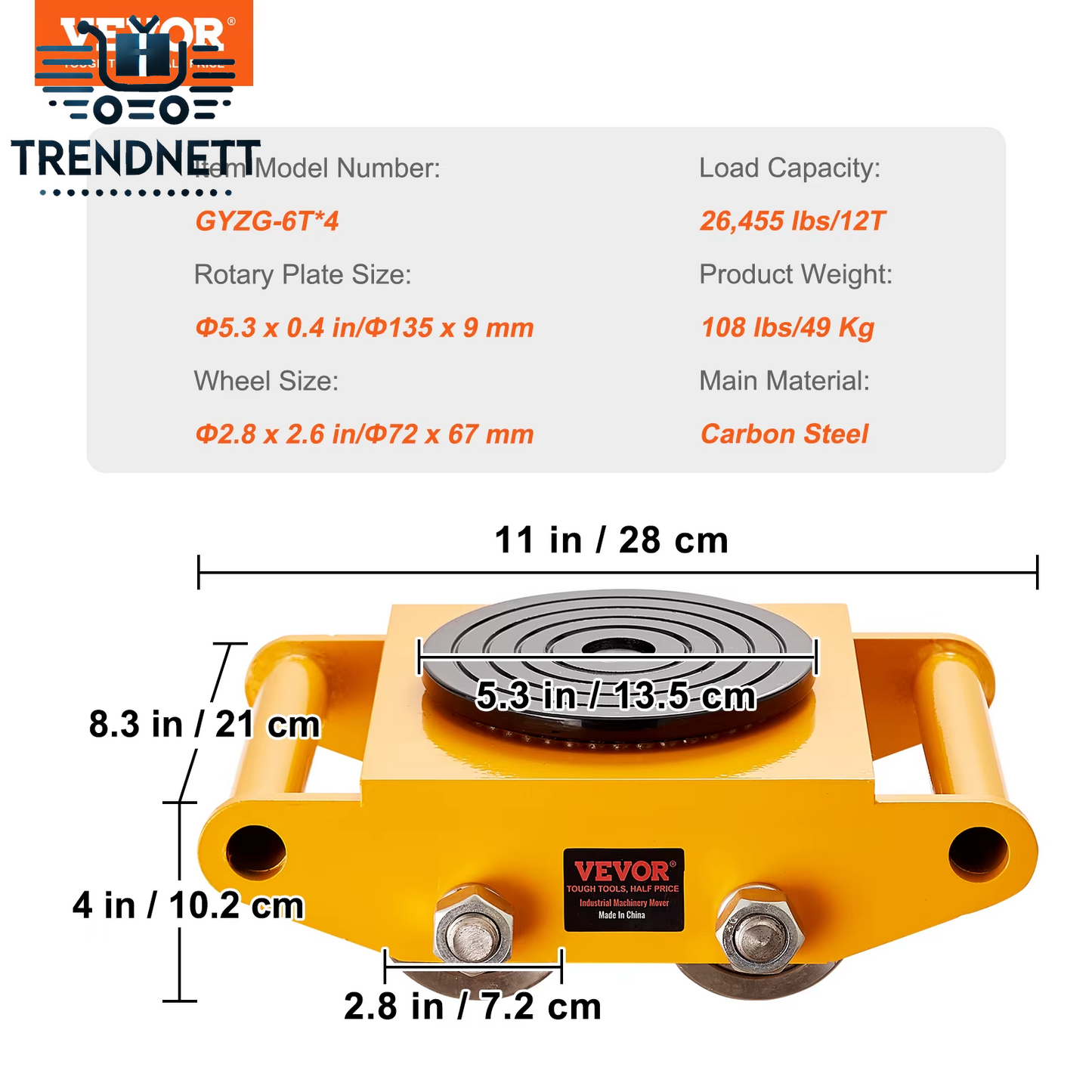 6T Machinery Skate Dolly Industrial Mover with 4 PU Wheels and 360° Rotation Non-Slip Cap for Warehouse Workshop Factory