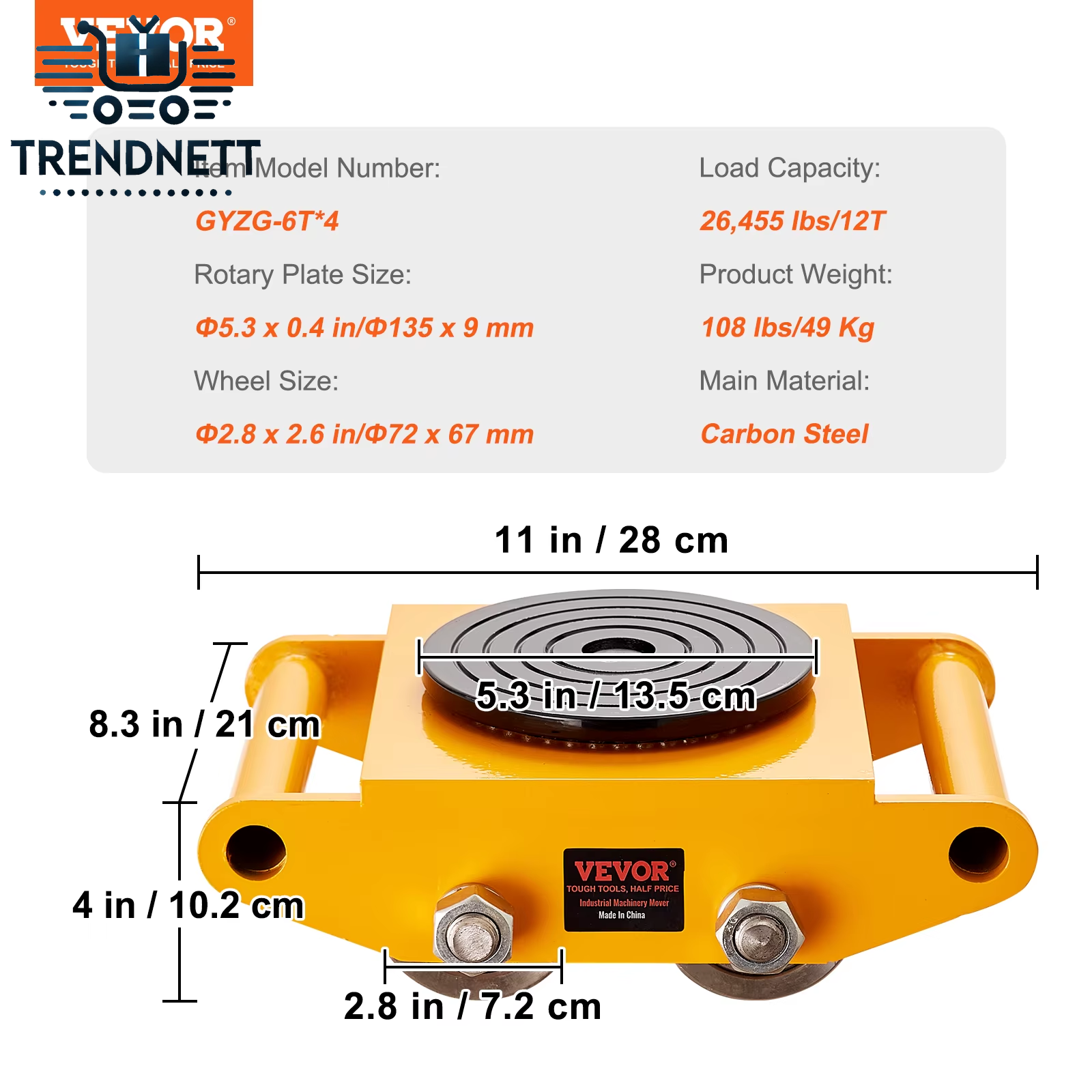 6T Machinery Skate Dolly Industrial Mover with 4 PU Wheels and 360° Rotation Non-Slip Cap for Warehouse Workshop Factory