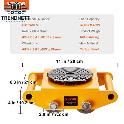 6T Machinery Skate Dolly Industrial Mover with 4 PU Wheels and 360° Rotation Non-Slip Cap for Warehouse Workshop Factory