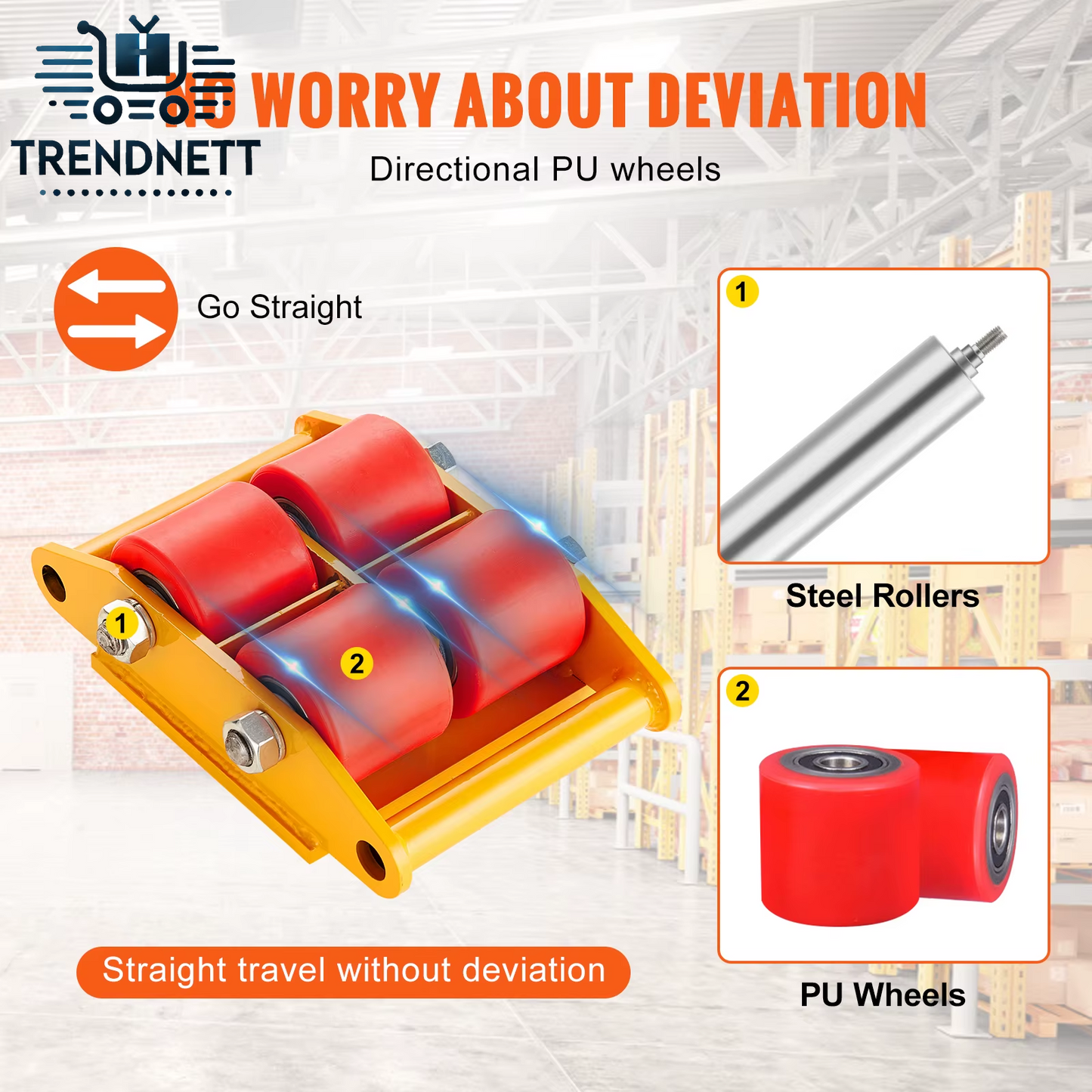 6T Machinery Skate Dolly Industrial Mover with 4 PU Wheels and 360° Rotation Non-Slip Cap for Warehouse Workshop Factory