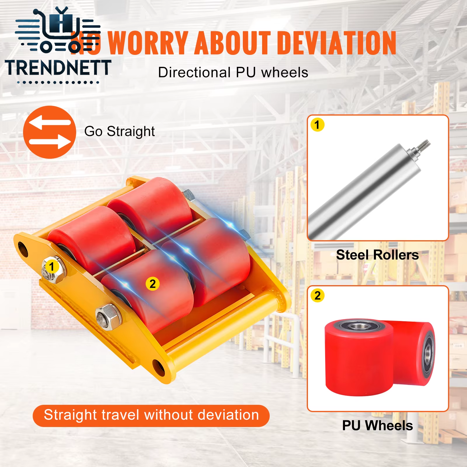 6T Machinery Skate Dolly Industrial Mover with 4 PU Wheels and 360° Rotation Non-Slip Cap for Warehouse Workshop Factory
