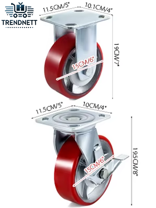 VEVOR 4 Pack 6" X 2" Heavy Duty Iron Core Polyurethane 2 Rigid and 2 Swivel Casters with Side Brake 1000LBS Capacity per Wheel