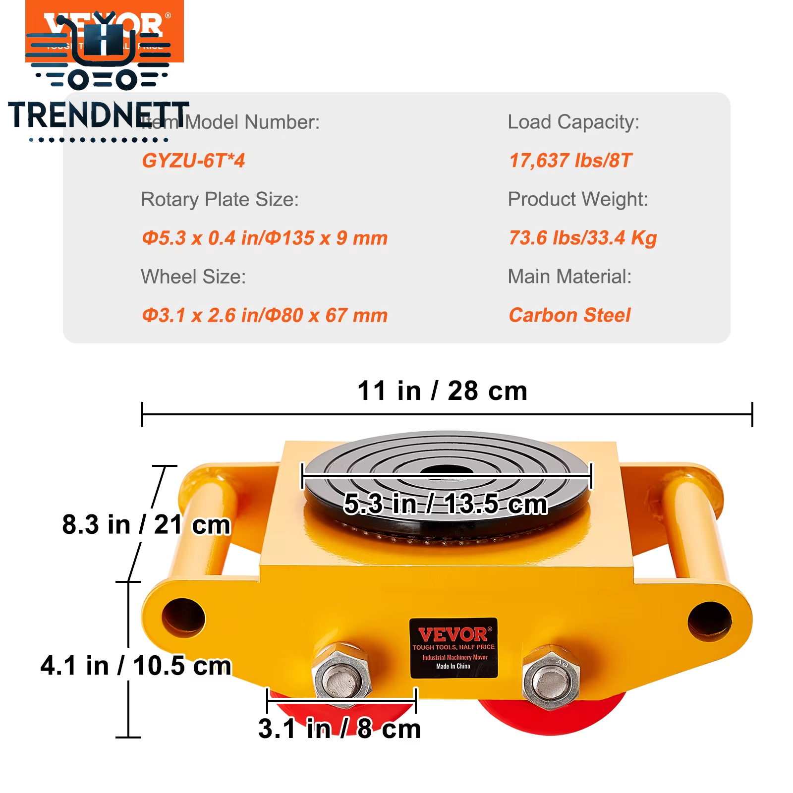 6T Machinery Skate Dolly Industrial Mover with 4 PU Wheels and 360° Rotation Non-Slip Cap for Warehouse Workshop Factory