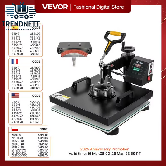2In1 Heat Press Machine 38*38CM Multifunctional 360 Degree Swing-Away Digital Sublimation Printer Transfer DIY T-Shirt Cap