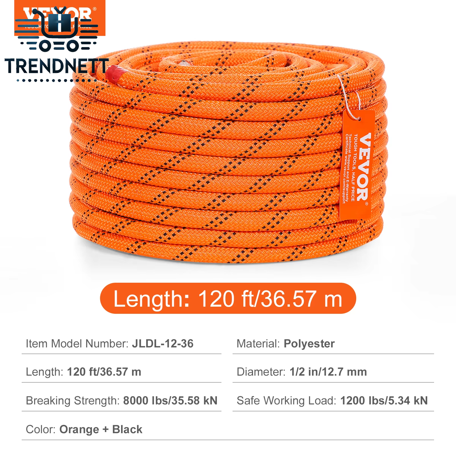 120Ft Dual-Weave Polyester Cord 3/8 1/2 Inch 48-Strand Multi-Use Rope for Arborist Activities Outdoor Adventures Versatile