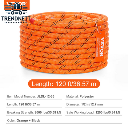 120Ft Dual-Weave Polyester Cord 3/8 1/2 Inch 48-Strand Multi-Use Rope for Arborist Activities Outdoor Adventures Versatile