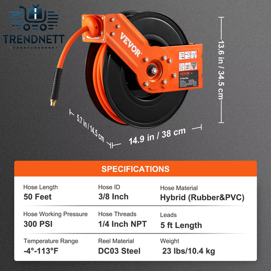 50 FT Retractable Air Hose Reel with Heavy Duty Double Arm Stainless Steel Wall Mount for Hybrid Air Compressors