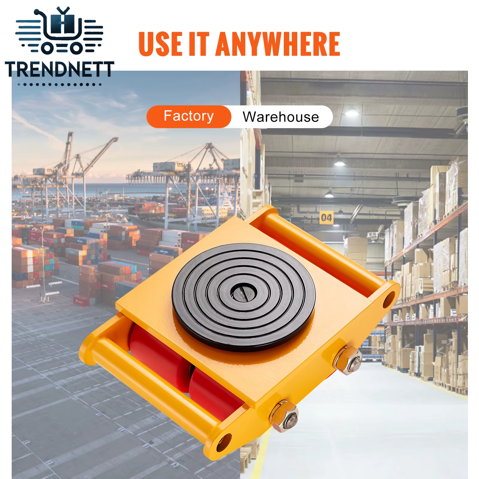 6T Machinery Skate Dolly Industrial Mover with 4 PU Wheels and 360° Rotation Non-Slip Cap for Warehouse Workshop Factory