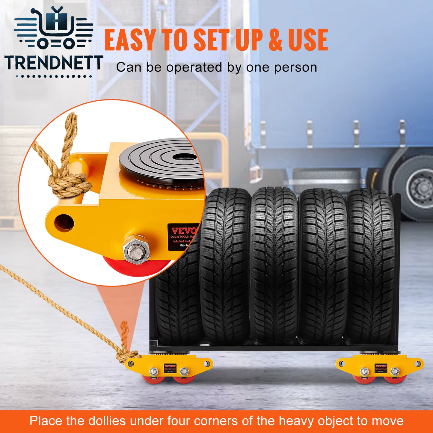 6T Machinery Skate Dolly Industrial Mover with 4 PU Wheels and 360° Rotation Non-Slip Cap for Warehouse Workshop Factory