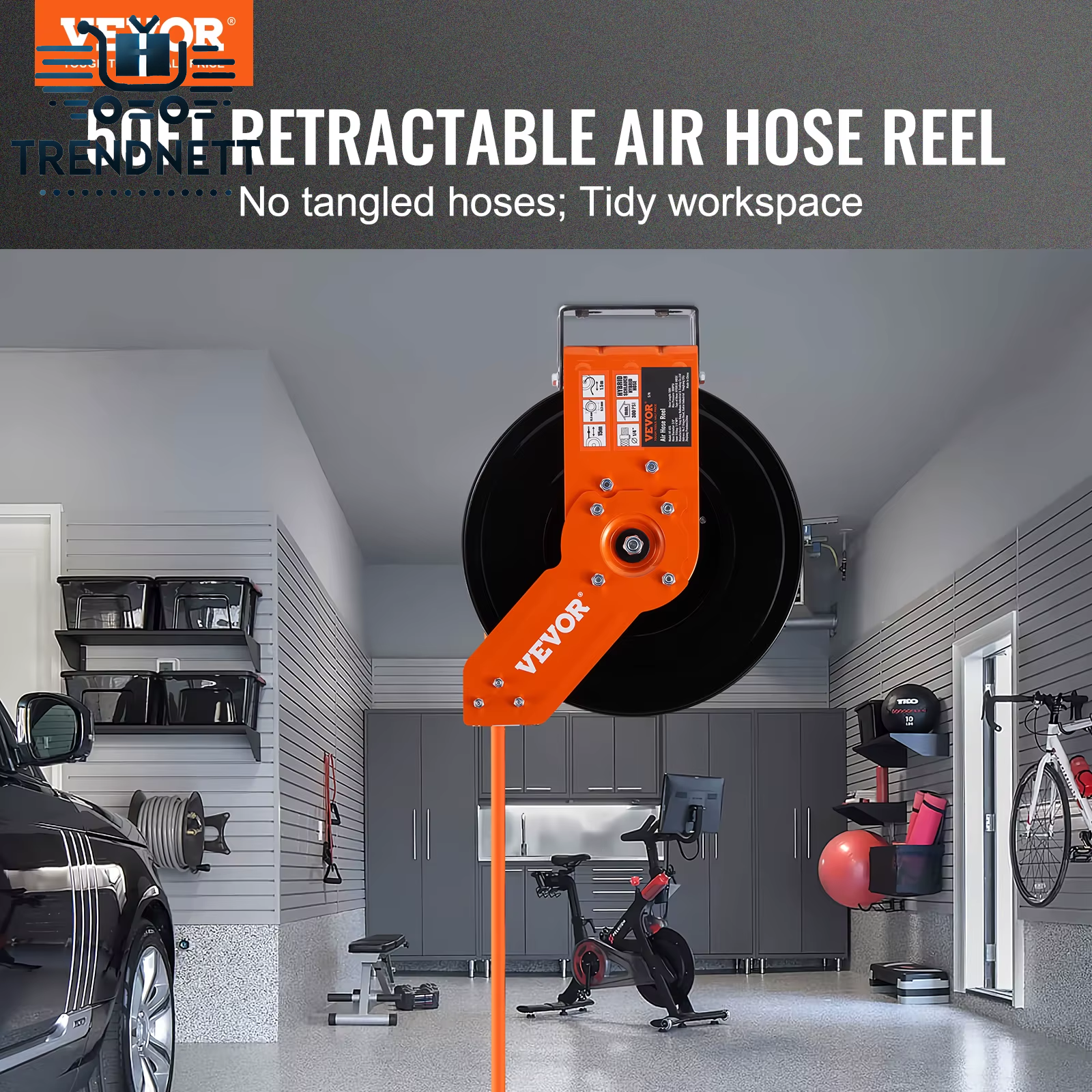 50 FT Retractable Air Hose Reel with Heavy Duty Double Arm Stainless Steel Wall Mount for Hybrid Air Compressors